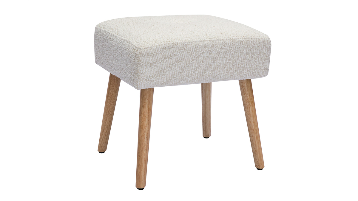 Taburete bajo de borreguillo blanco y madera clara maciza 46 cm GUESTA