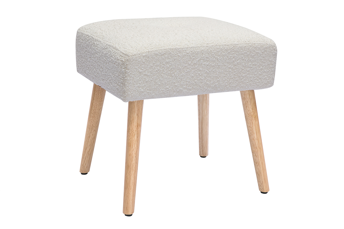 Taburete bajo de borreguillo blanco y madera clara maciza 46 cm GUESTA