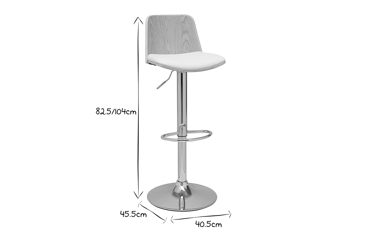 Taburete de bar ajustable en madera clara, poliuretano blanco y base cromada DOA